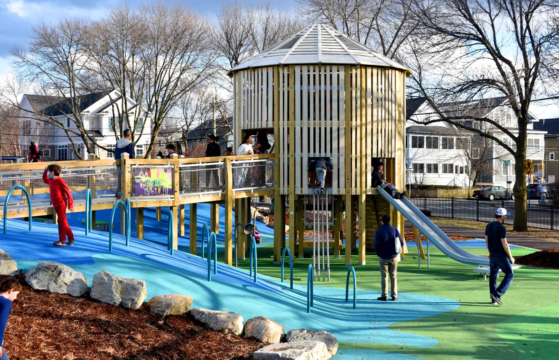 Wide view of the Louis A. DePasquale Universal Design Playground at Danehy Park in Cambridge
