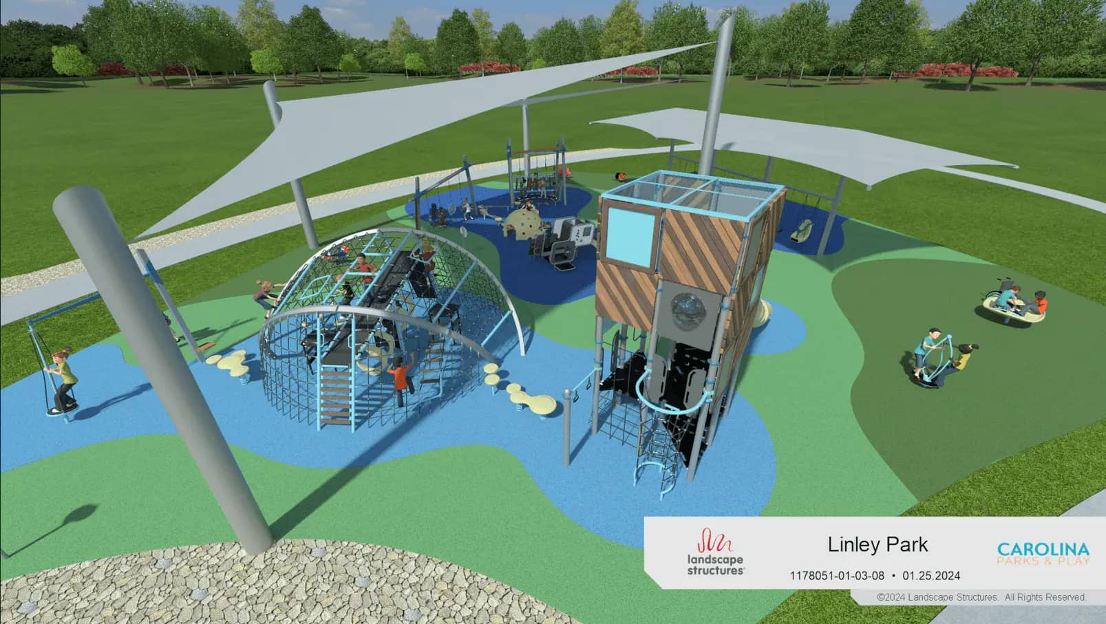 Rendering of the rebuilt Linley Park inclusive playground in Anderson