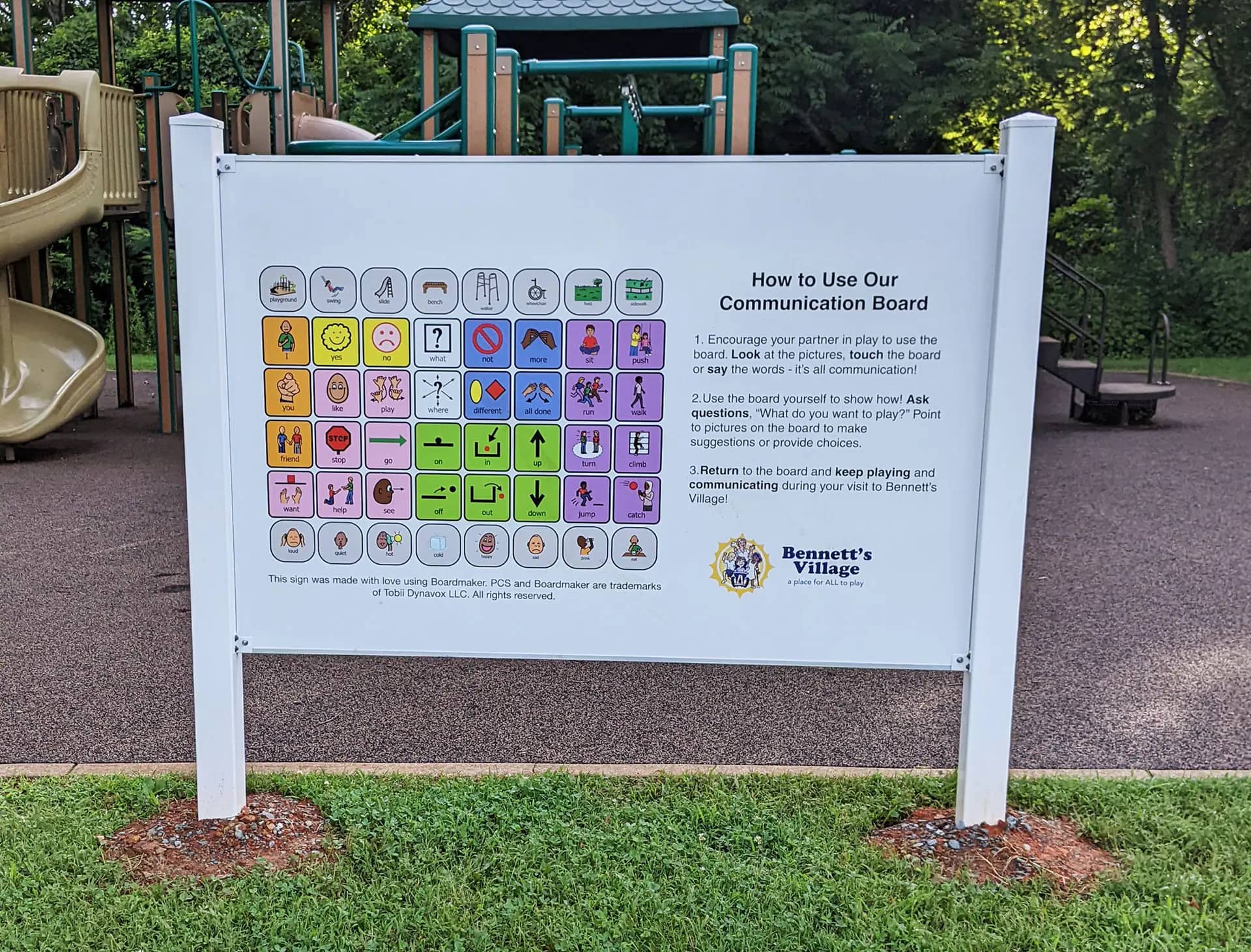 Communication board installed at Pen Park for AAC and non-speaking visitors