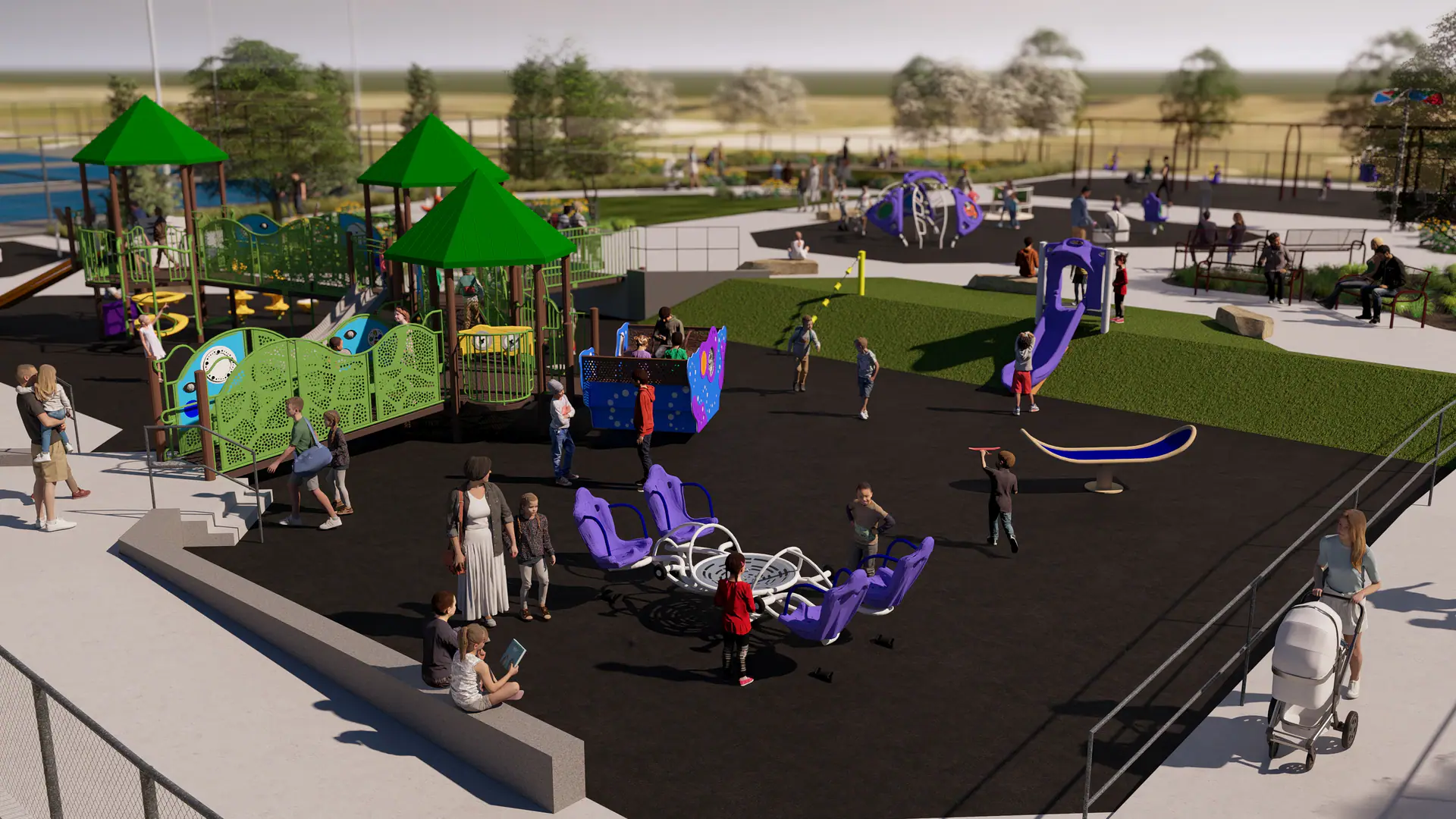 Accessible lower play zone rendering at Mahoney Inclusive Playground in Lincoln