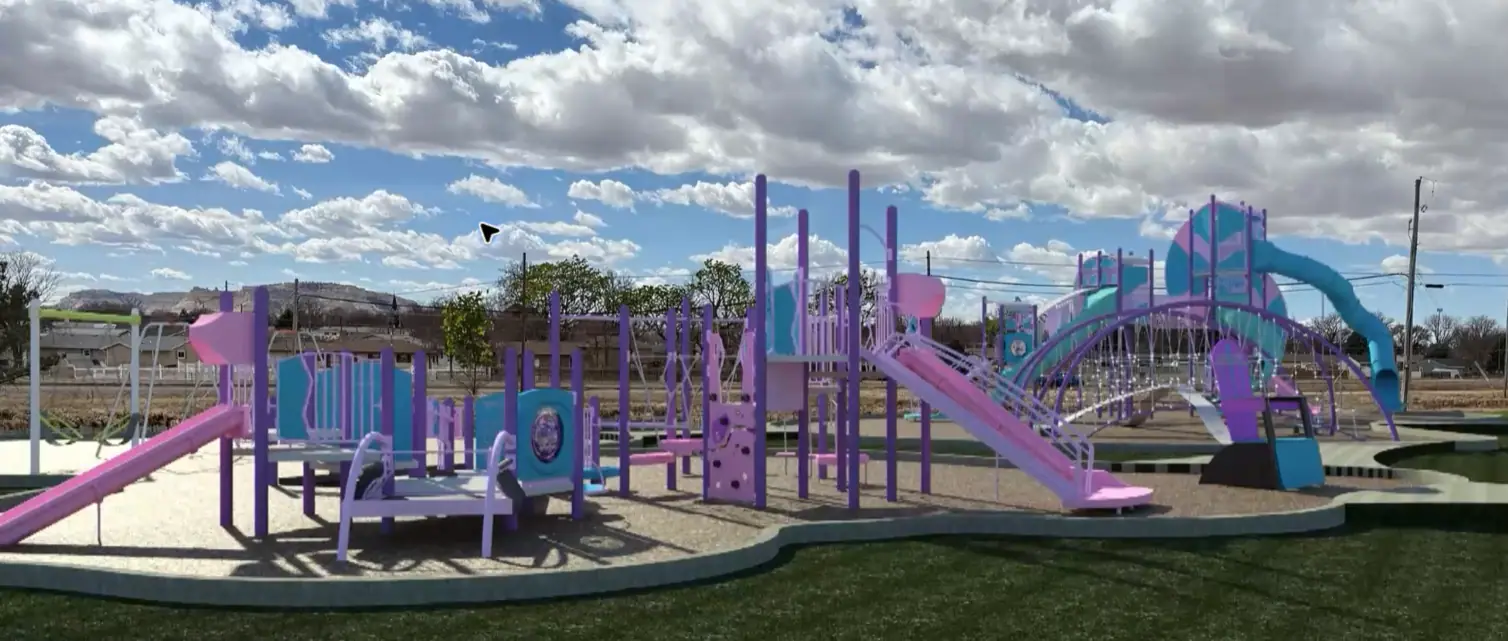 Concept rendering of the planned Cougar Park inclusive playground with purple, pink, and teal play structures