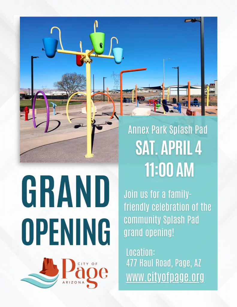 Grand opening graphic for the Sports Complex Annex Park Splash Pad in Page, Arizona