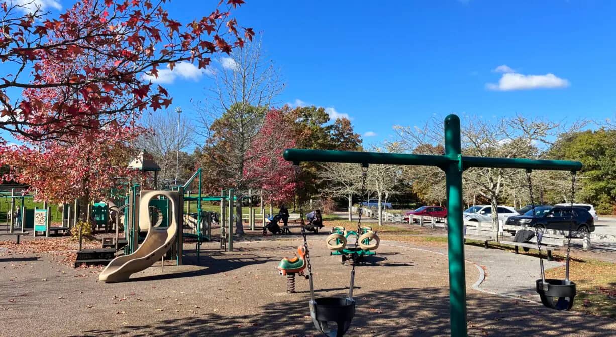 Large green and tan playground at Forges Field Recreation Facility in Plymouth