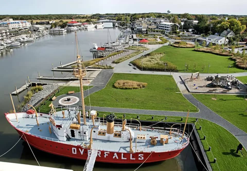 Aerial view of Lewes Canalfront Park and playground area along the canal