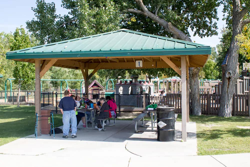 Covered picnic shelter beside the Adventure Playground at Crossroads Park in Casper